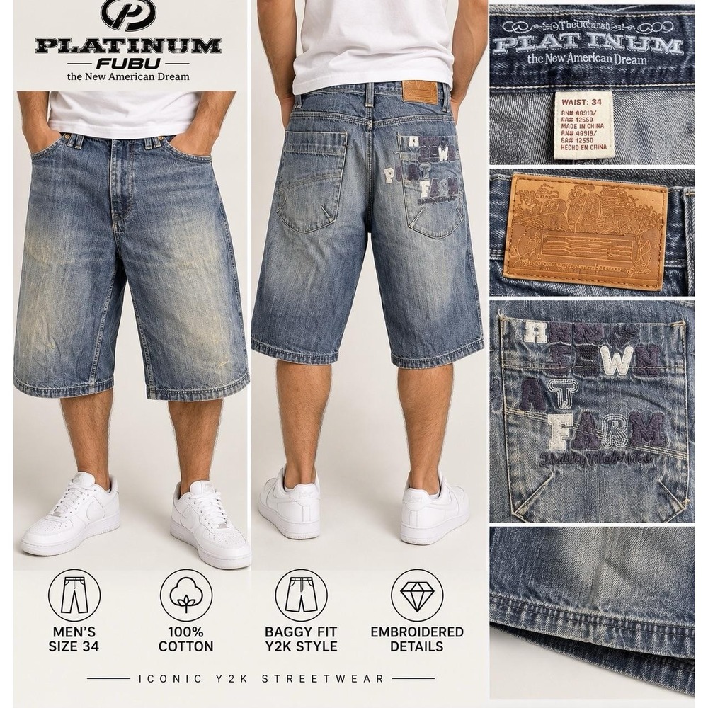 Phat Farm Denim Shorts Mens 34 Blue Bermuda Relaxed Fit Embroidered Hip Hop
